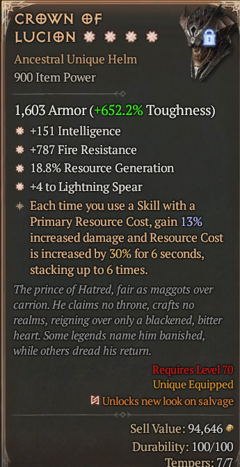 Crown of Lucion 4GA ? Unique Helm ? High Roll S13 24/7 Online Acc#2JINX31