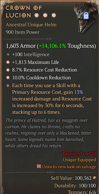 Crown of Lucion 3GA ? Unique Helm ? High Roll S13 24/7 Online Acc#2JINX36