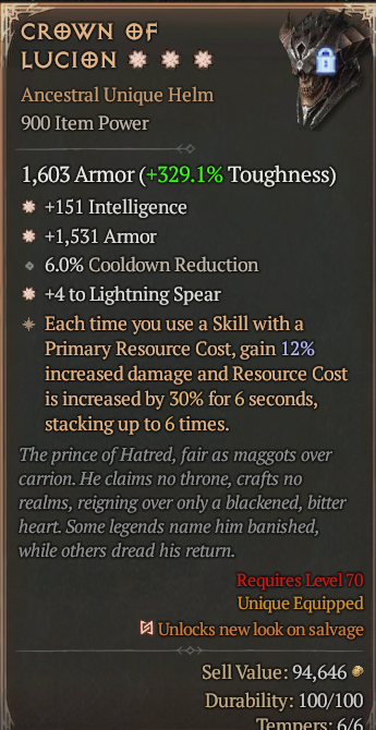 Crown of Lucion 3GA ? Unique Helm ? Good Roll S13 24/7 Online Acc#2JINX37