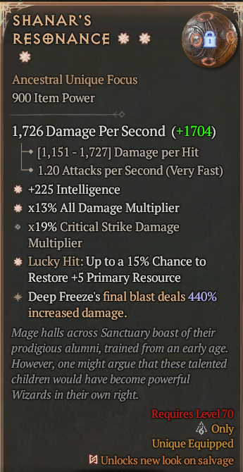 Shanar's Resonance 3GA ? Unique Focus ? Good Roll S13 24/7 Online Acc#2JINX39