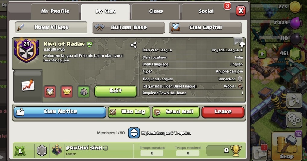 ✨ CLAN LEVEL 24 🔮 CRYSTAL 3 🔮⛰️ CLAN CAPITAL 10 ⛰️💥 WIN - 260 / LOSS - 600 💥 FAST DELIVERY ✈️