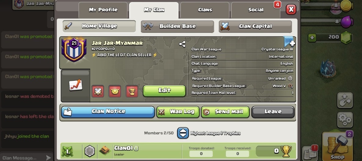 🎉 JAR JAR MYANMAR 🎉 CLAN LEVEL 21 🏆 CRYSTAL 3 👑 CLAN CAPITAL 9 👑💣 WIN - 205 / LOSS - 250 💣🚀 FAST DELIVERY 🚀