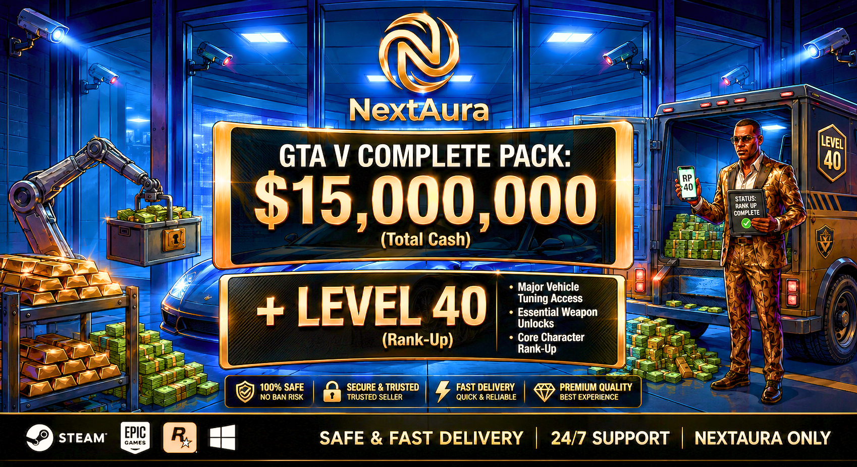 💵 15M Pure Cash + 40 RP Level | GTA Online [Legacy/Enhanced] Steam/Epic/Rockstar [Not Full game Account] Money and RP Level Boost| PC