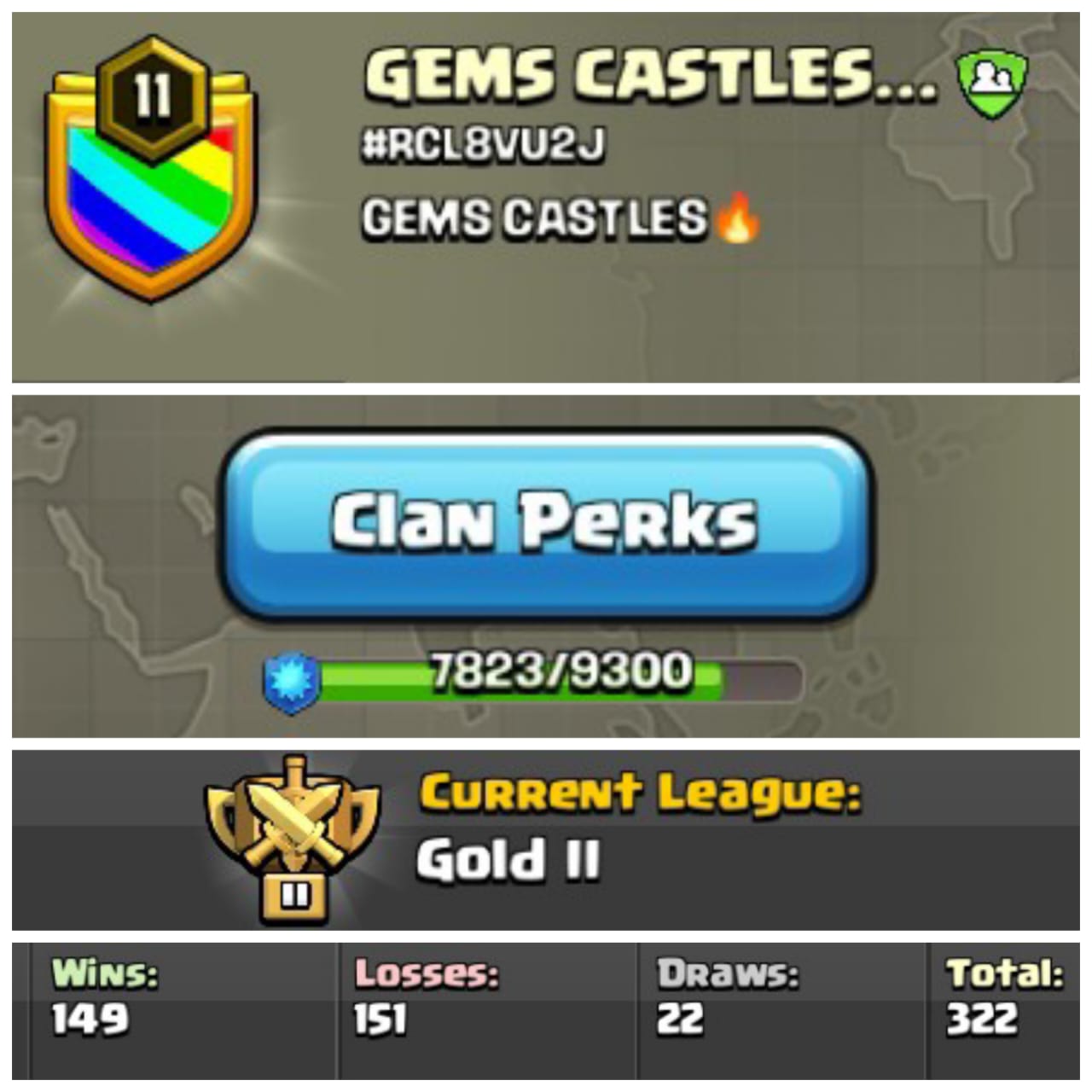 Level 11 clan || clan capital 6 || gold 2 || name - GEMS CASTLES..