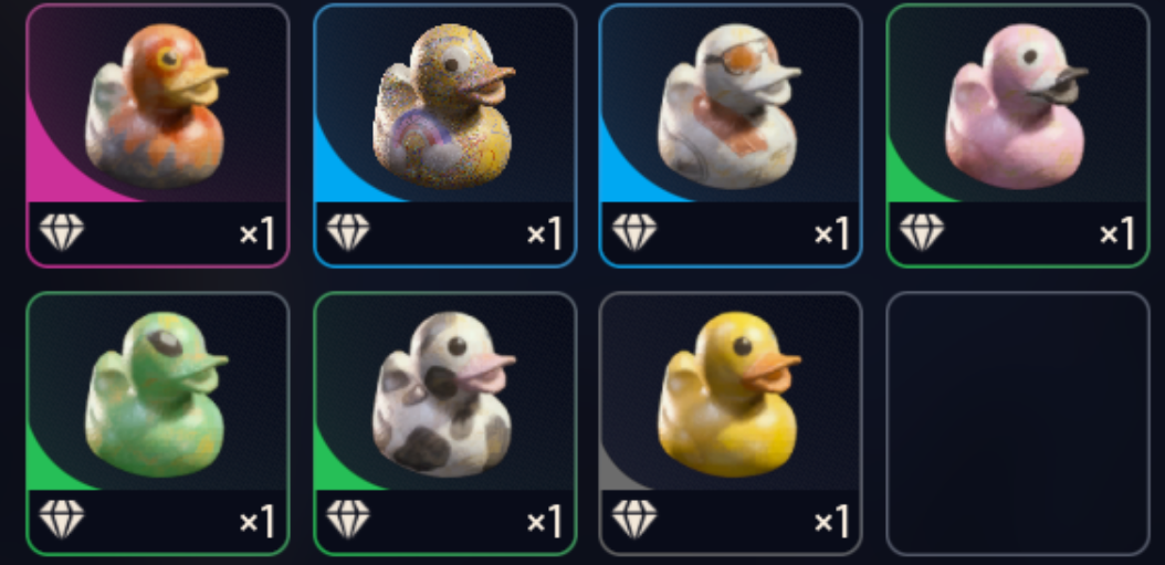 1*FAMILIAR DUCK , 1* DOODLY DUCK ,1* FLASHY DUCK , 1* TROPICAL DUCK, 1* ALIEN DUCK , 1* GENTLE DUCK , 1* RUBBER DUCK