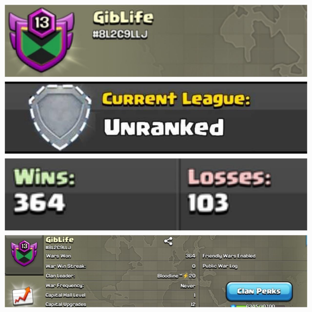 Level 13 unranked clan || warlog 364-103 || name - GibLife