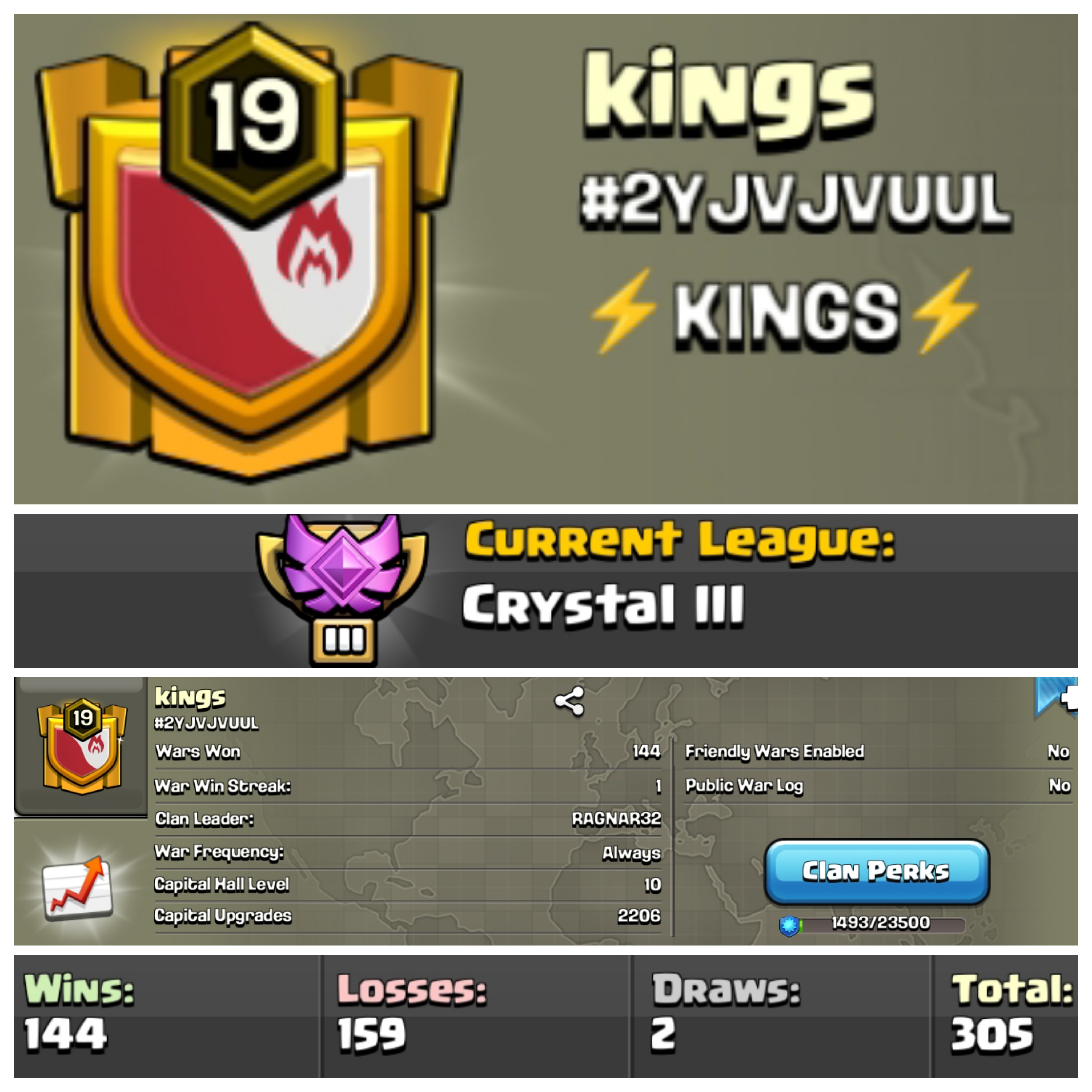 ⚡ RARE LEVEL 19 ⚡ NAME: KINGS ⚡ WL WIN: 144 / LOSS 159 ⚡ CRYSTAL3 ⚡ CC10 ⚡ AMAZING NAME ⚡ GOOD WAR LOG ⚡ INSTANT DELIVERY 🚛
