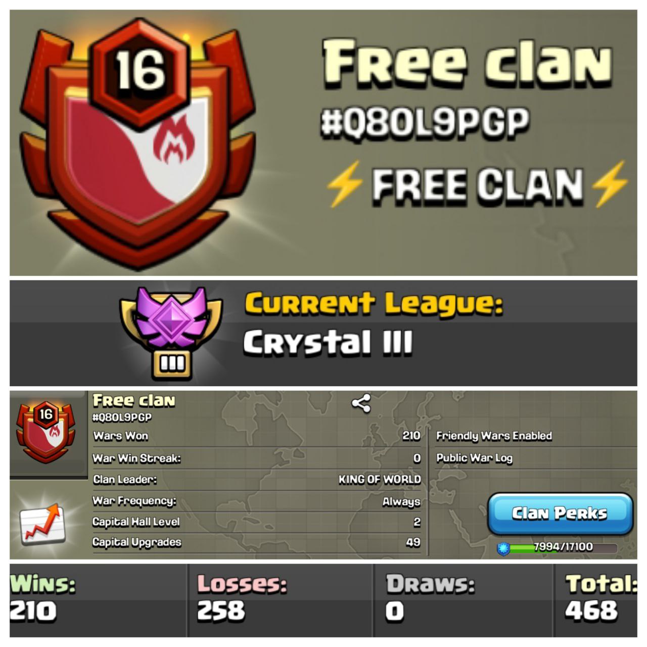 ⚡ LEVEL 16 ⚡ NAME: FREE CLAN ⚡ WL WIN: 210 / LOSS 258 ⚡ CRYSTAL3 ⚡ CC2 ⚡ AMAZING NAME ⚡ GOOD WAR LOG ⚡ INSTANT DELIVERY 🚛
