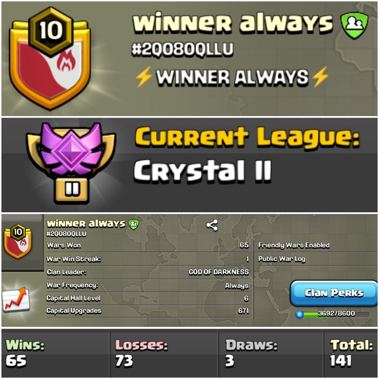 ⚡ LEVEL 10 ⚡ NAME: WINNER ALWAYS ⚡ CRYSTAL2⚡ WL WIN: 65 / LOSS: 73 ⚡ CC6 ⚡ AMAZING NAME ⚡ GOOD WAR LOG ⚡ INSTANT DELIVERY 🚛