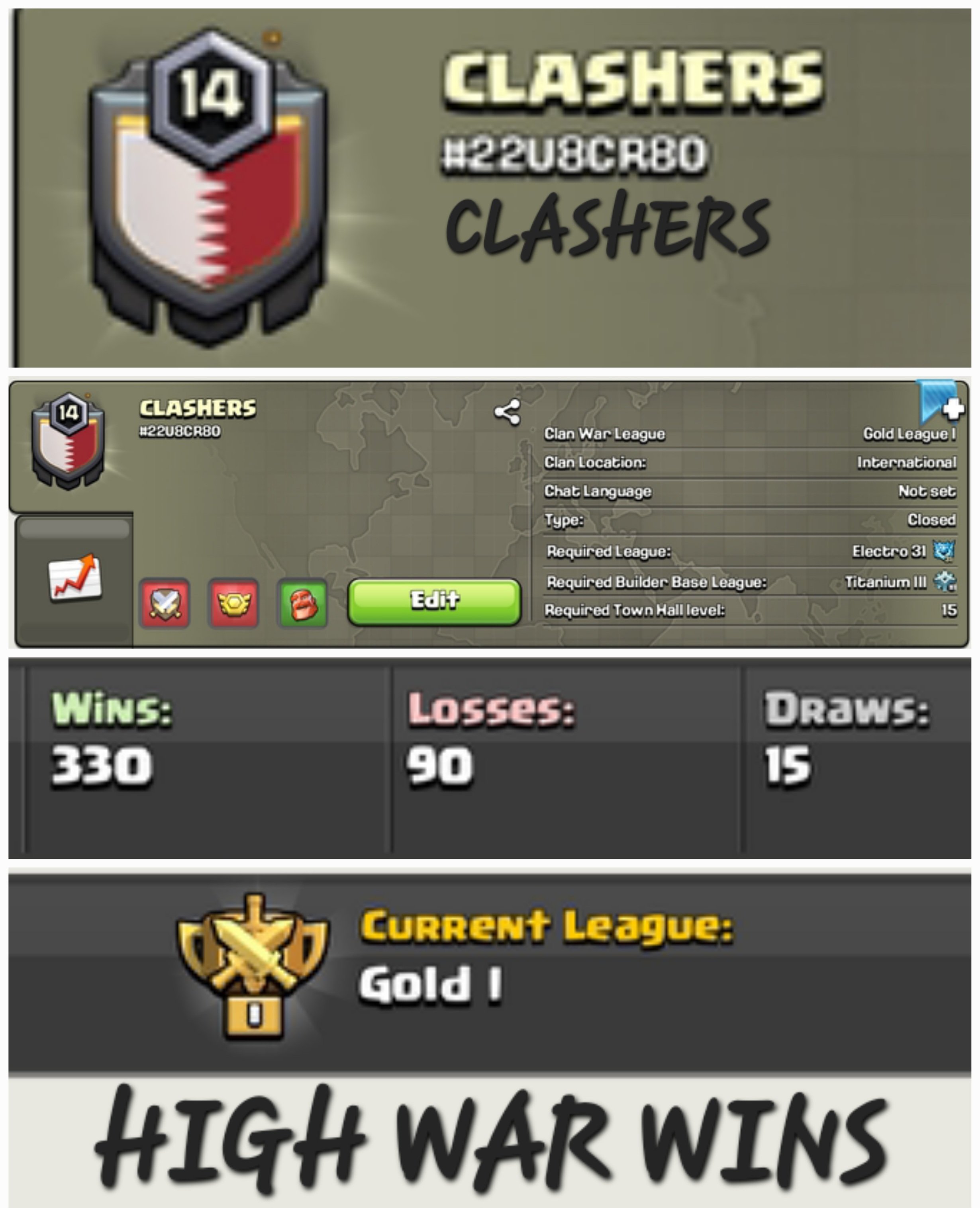 CLASHERS !! LEVEL 14 !! HIGH WAR WINS !! WIN 330 LOSS 90 !! GOLD 1 !! PERFECT NAME !! CHEAP !! FAST DELIVERY