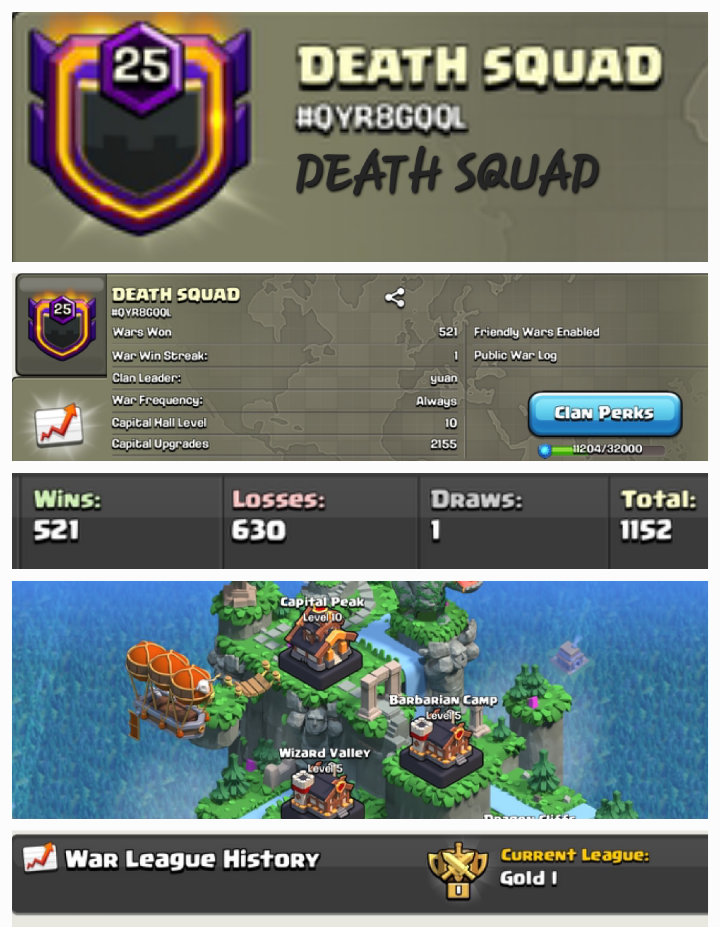 DEATH SQUAD !! LEVEL 25 !! CAPITAL PEAK 10 !! WIN 521 LOSS 630 !! HIGH LEVEL CLAN !! PERFECT NAME !! CHEAP !! FAST DELIVERY
