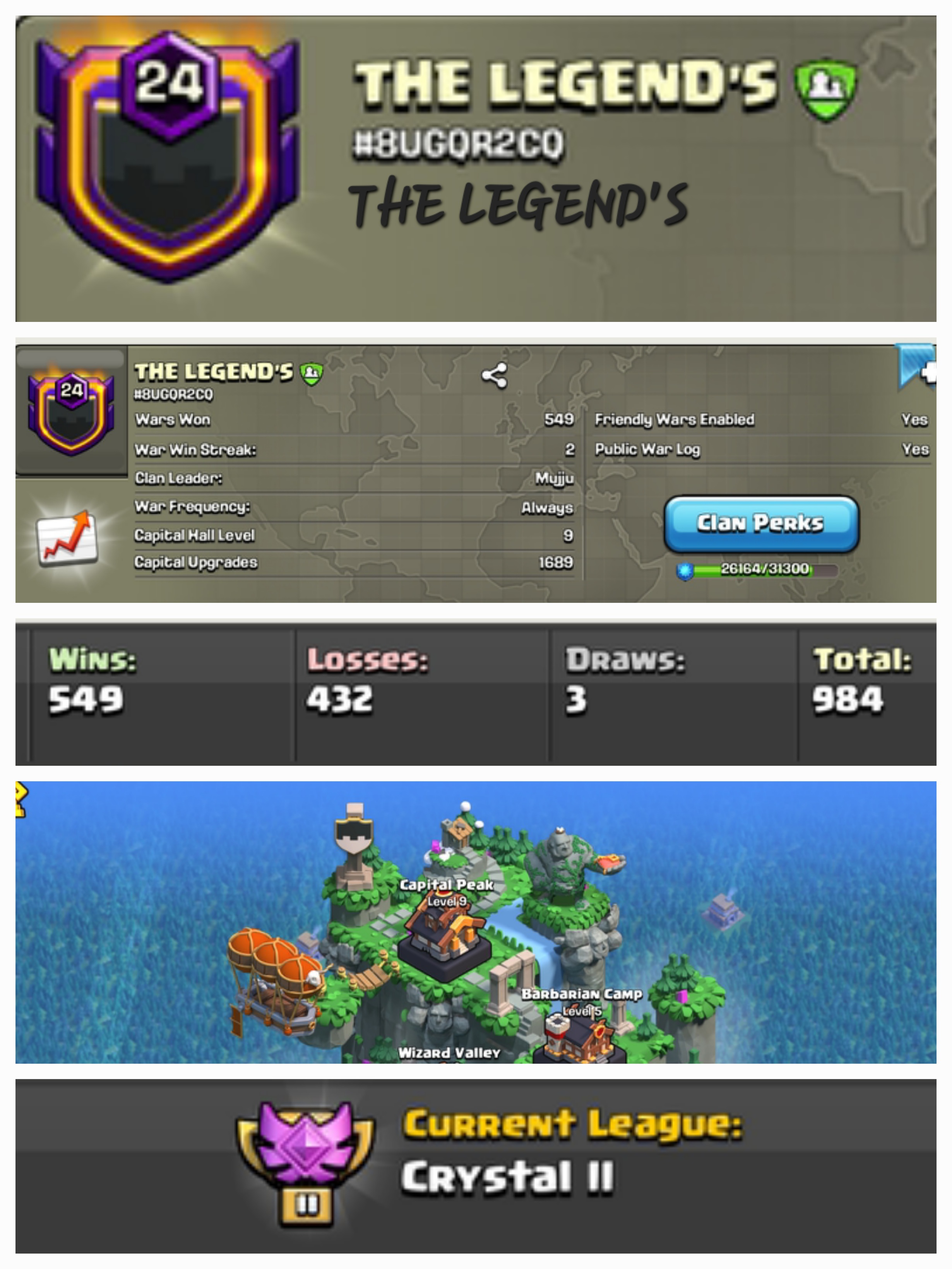 THE LEGEND'S !! LEVEL 24 !! CAPITAL PEAK 9 !! WIN 549 LOSS 432 !! CRYSTAL LEAUGE 2 !! HIGH LEVEL CLAN !! PERFECT NAME !! CHEAP !! FAST DELIVERY