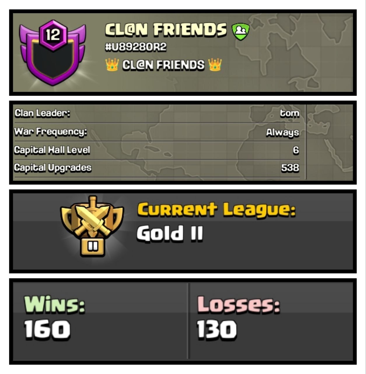 CL@N FRIENDS LVL 12 ⚔️ CC-6 🏰 GOLD 2 🥇 POSITIVE WARLOG 📈 (160-130) CL@N FRIENDS 🤝 PURE ENGLISH NAME 🔤