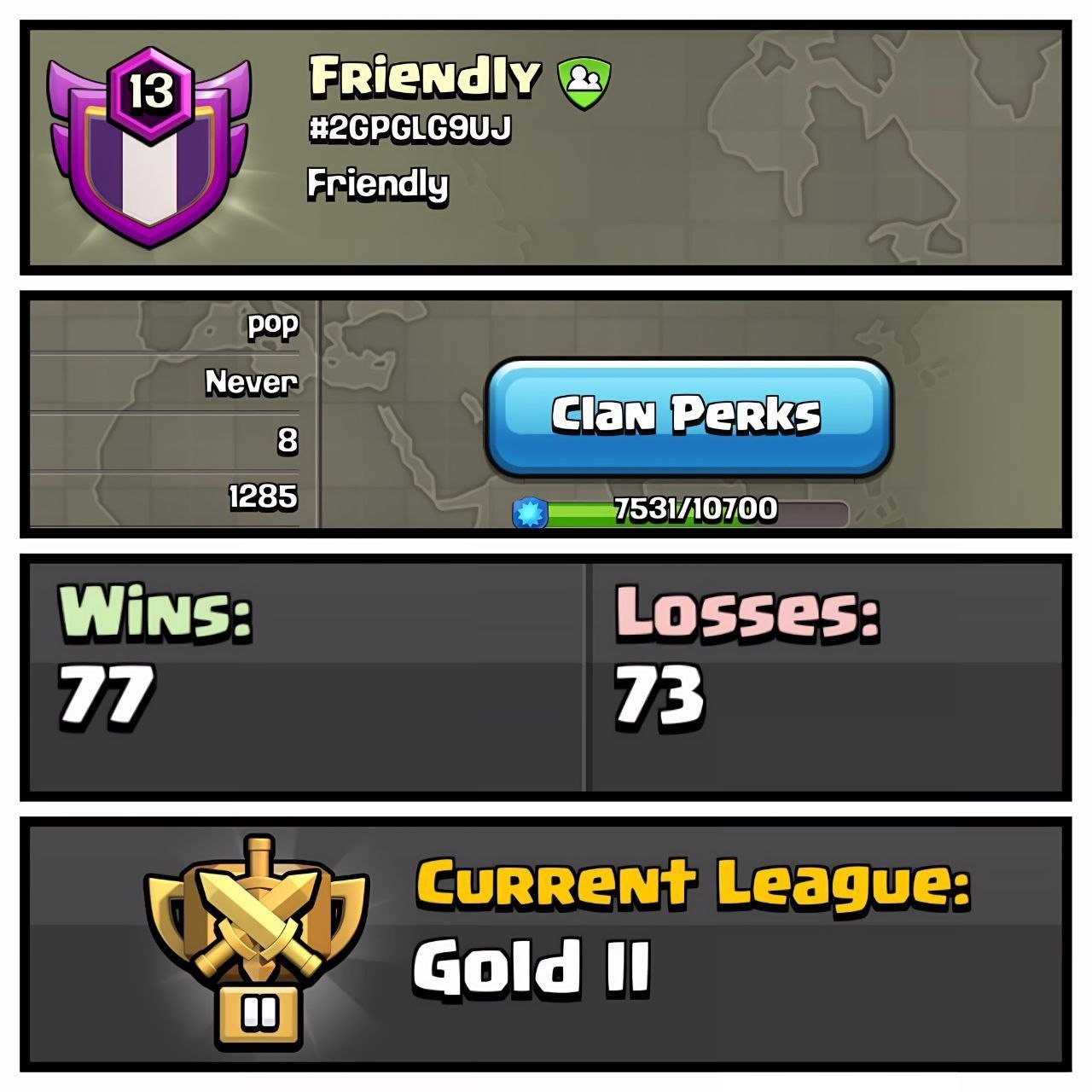 FRIENDLY LVL 13 ⚔️ CC-8 🏰 GOLD 2 🥇 POSITIVE WARLOG 📈 (77-73) FRIENDLY NAME 🤝 1285 CAPITAL UPGRADES 🚀