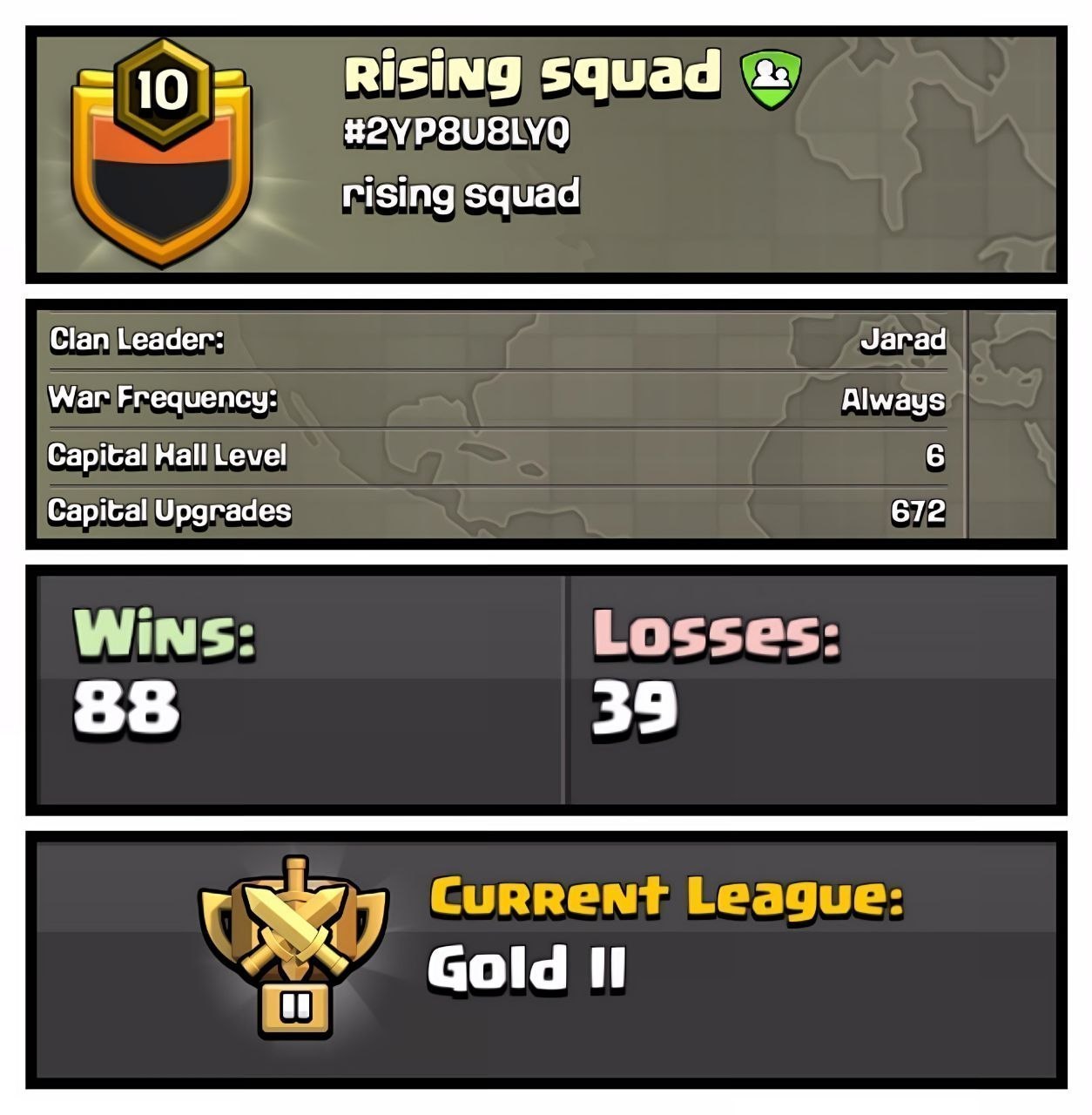 RISING SQUAD LVL 10 ⚔️ CC-6 🏰 GOLD 2 🥇 POSITIVE WARLOG 📈 (88-39) RISING SQUAD 🚀 🔥