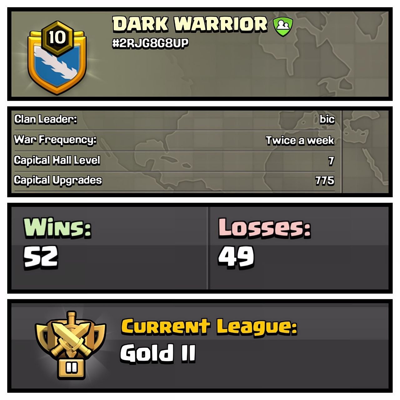 DARK WARRIOR LVL 10 ⚔️ CC-7 🏰 GOLD 2 🥇 DARK WARRIOR ⚔️ SOLID WARLOG 📈 (52-49) 775 CAPITAL UPGRADES 🚀
