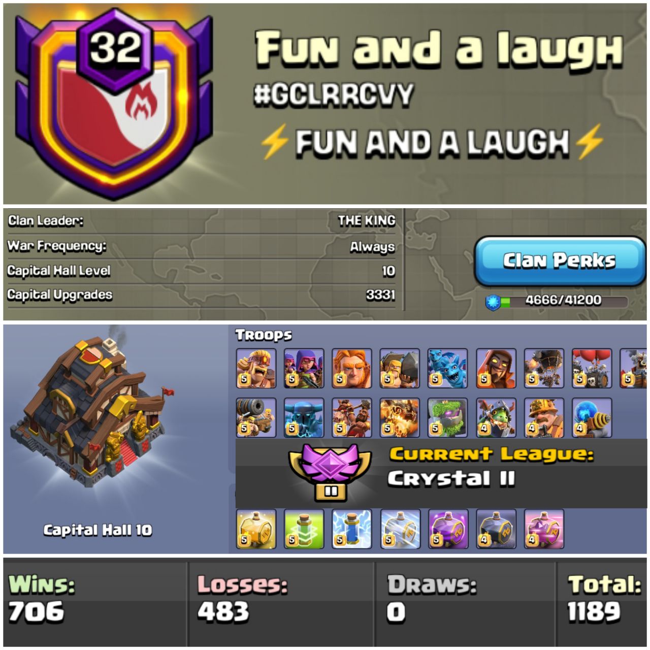 ⚡ LEVEL 32 ⚡ NAME: FUN AND A LAUGH ⚡ WL WIN: 706 / LOSS: 483 ⚡ CWL: CRYSTAL 2 ⚡ CC10 ⚡ AMAZING NAME ⚡ GOOD WAR LOG ⚡ INSTANT DELIVERY 🚛