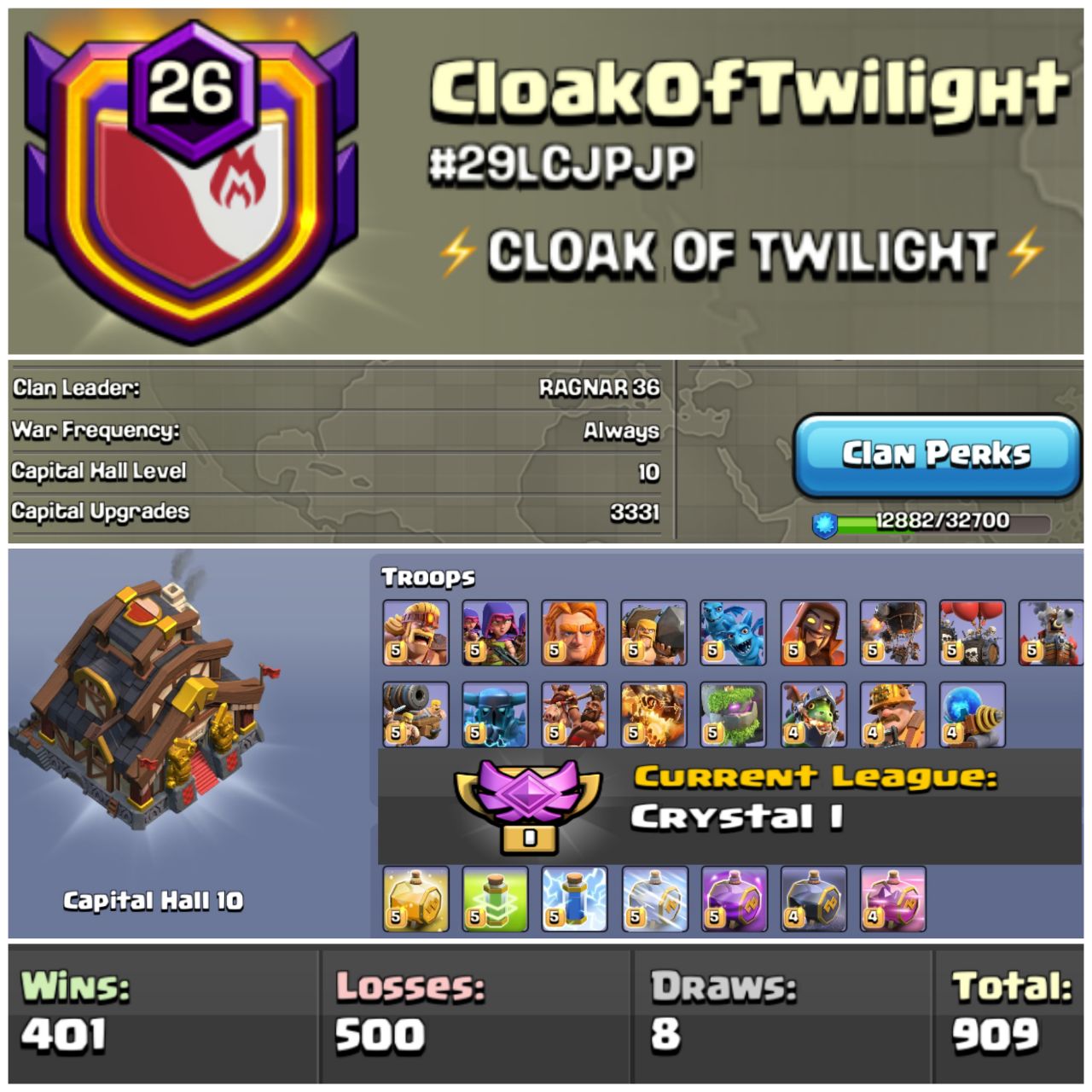 ⚡ LEVEL 26 ⚡ NAME: CLOAKOFTWILIGHT ⚡ WL WIN: 401 / LOSS: 500 ⚡ CWL: CRYSTAL 1 ⚡ CC10 ⚡ AMAZING NAME ⚡ GOOD WAR LOG ⚡ INSTANT DELIVERY 🚛