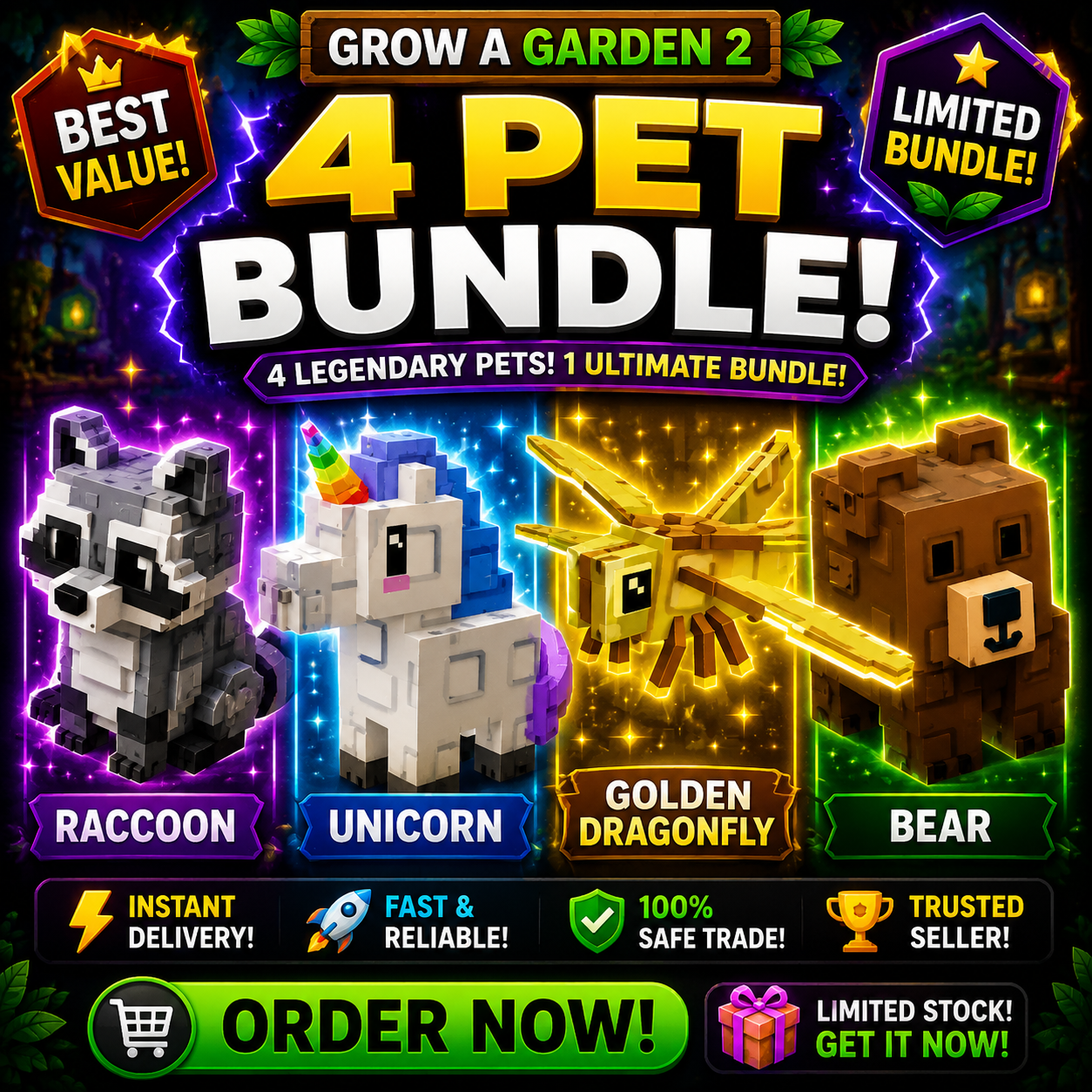 🦝🦄 4 Rare Pets Bundle | Raccoon + Unicorn + Golden Dragonfly + Bear | ⚡ Instant Delivery | Grow A Garden 2