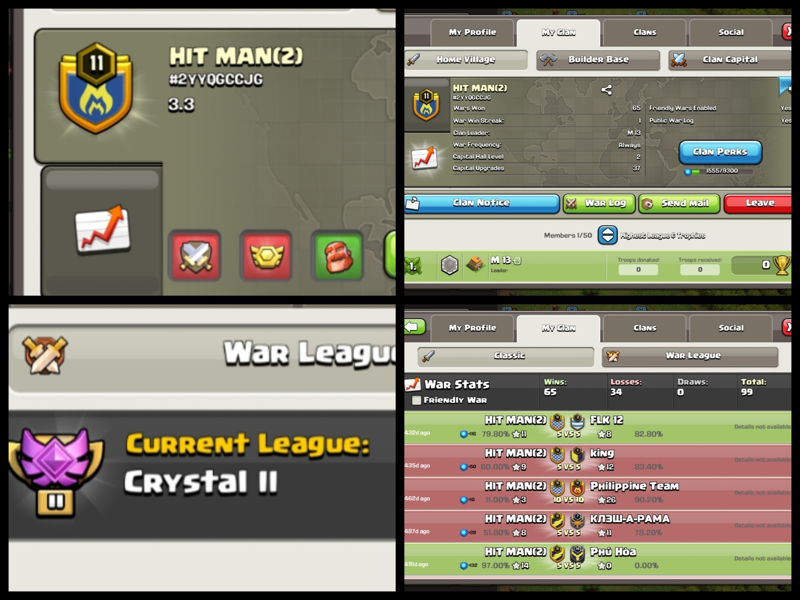 Level: 11 - Name: Hit man(2) - League: Crystal 2 - 2:1 War Log - Premium English Name - No. 150