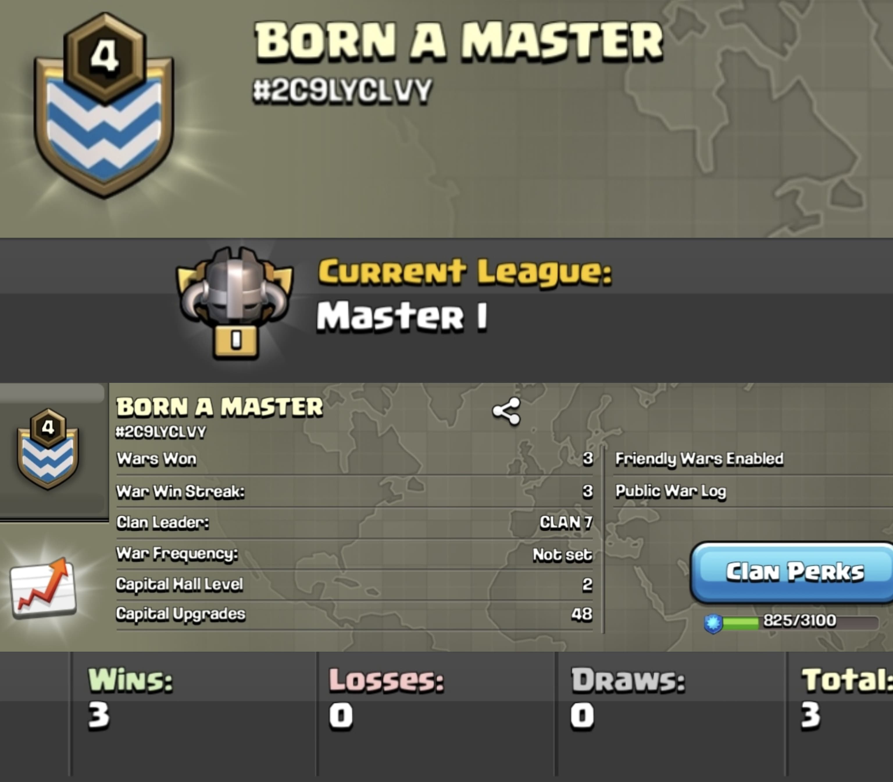 Level 4 clan || master 1 || warlog 3-0 || name - BORN A MASTER