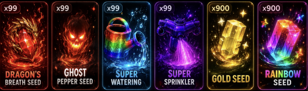 x100 Dragon Breath + x100 Ghost Pepper Seed + x900 Rainbow Seed + x900 Gold Seed + x100 Super Sprinkler + x100 Legendary Sprinkler
