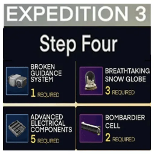 Expedition 3 Step Four [4] All Materials, Items (1 Broken Guidance System - 3 Breathtaking Snow Globe - 5 Advanced Electrical Components - 2 Bombardier Cell)