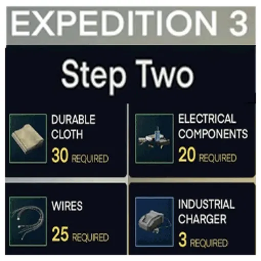 Expedition 3 Step Two [2] All Materials, Items (30 Durable Cloth - 20 Electrical Components - 25 Wires - 3 Industrial Charger)
