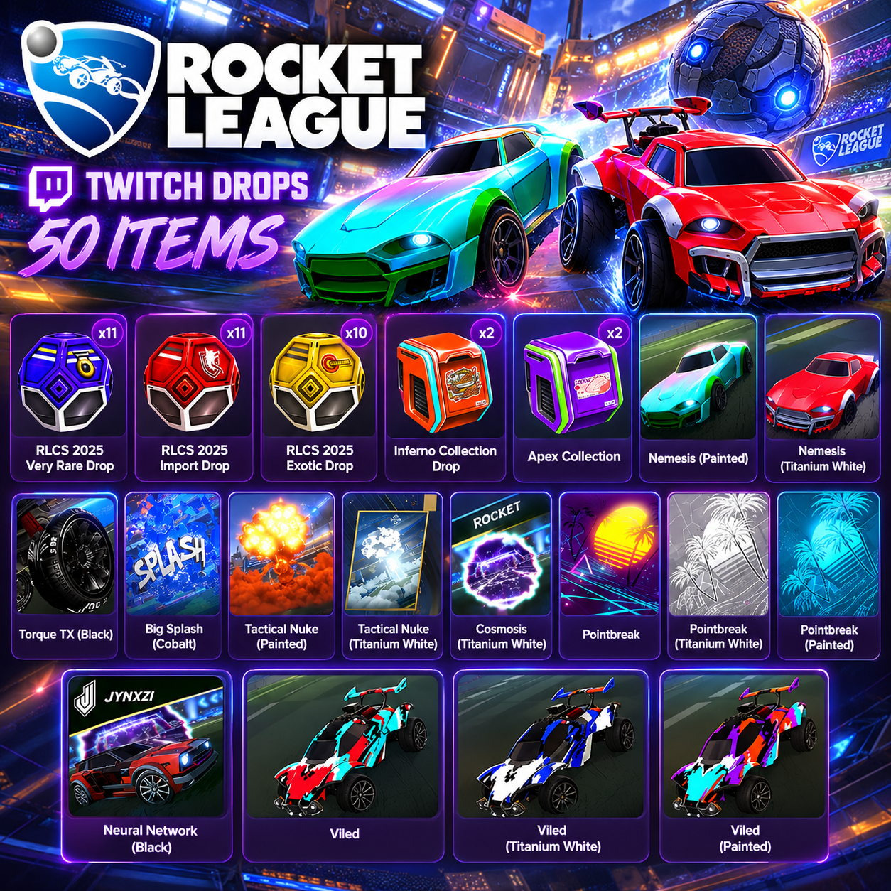 50 Items | 36 Cases RLCS 2025 + Bodies + Wheels + Decals + Goal Explosions | Rocket League Twitch Drops