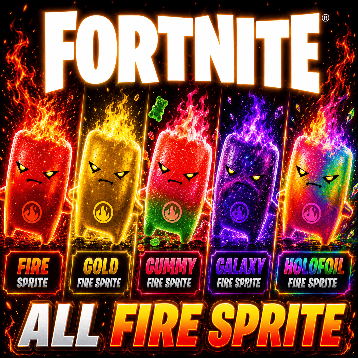 5 Fire Sprite | Fire Sprite + Gold Fire Sprite + Gummy Fire Sprite + Galaxy Fire Sprite + Holofoil Fire Sprite