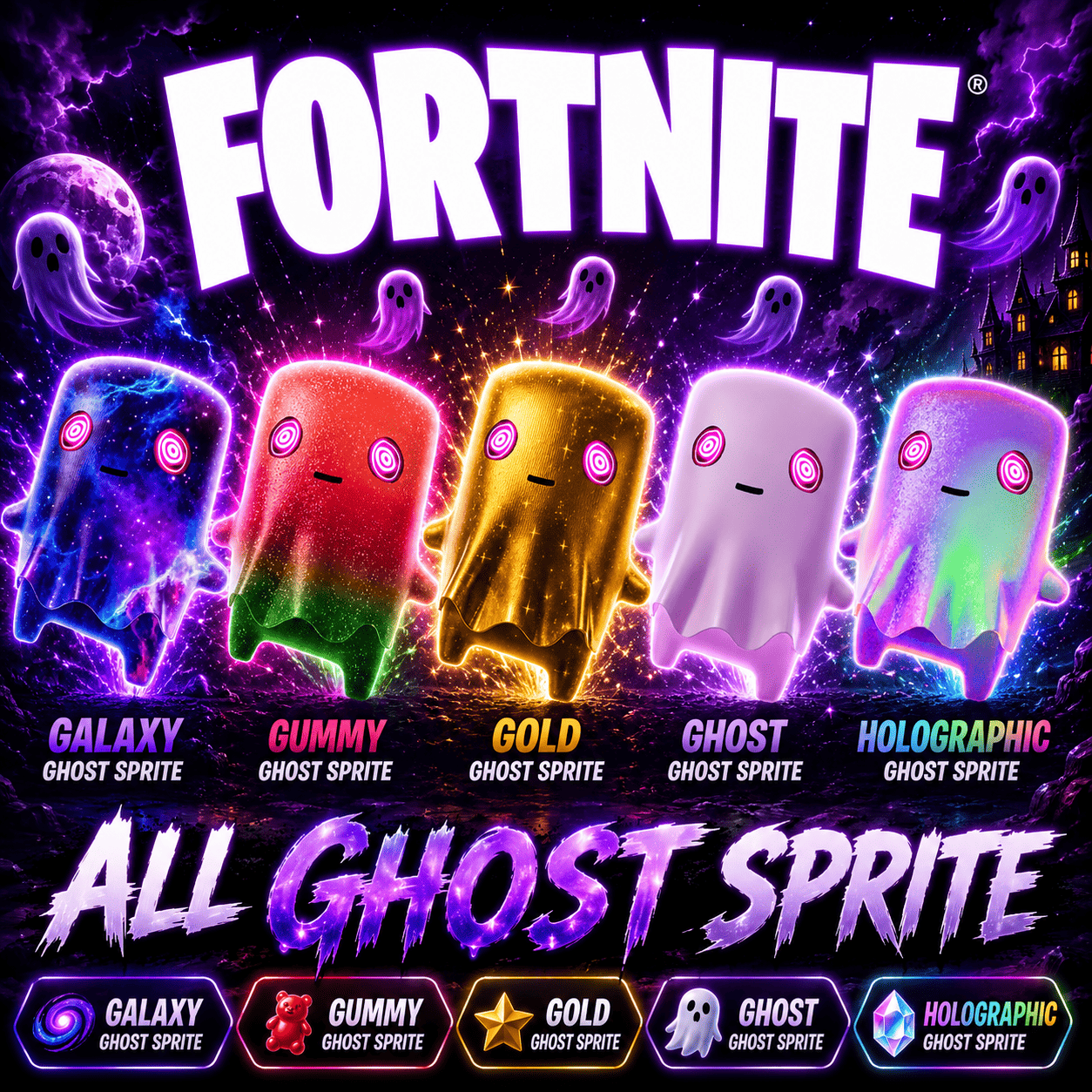 5 Ghost Sprite | Ghost Sprite +Gold Ghost Sprite + Gummy Ghost Sprite + Galaxy Ghost Sprite + Holofoil Ghost Sprite