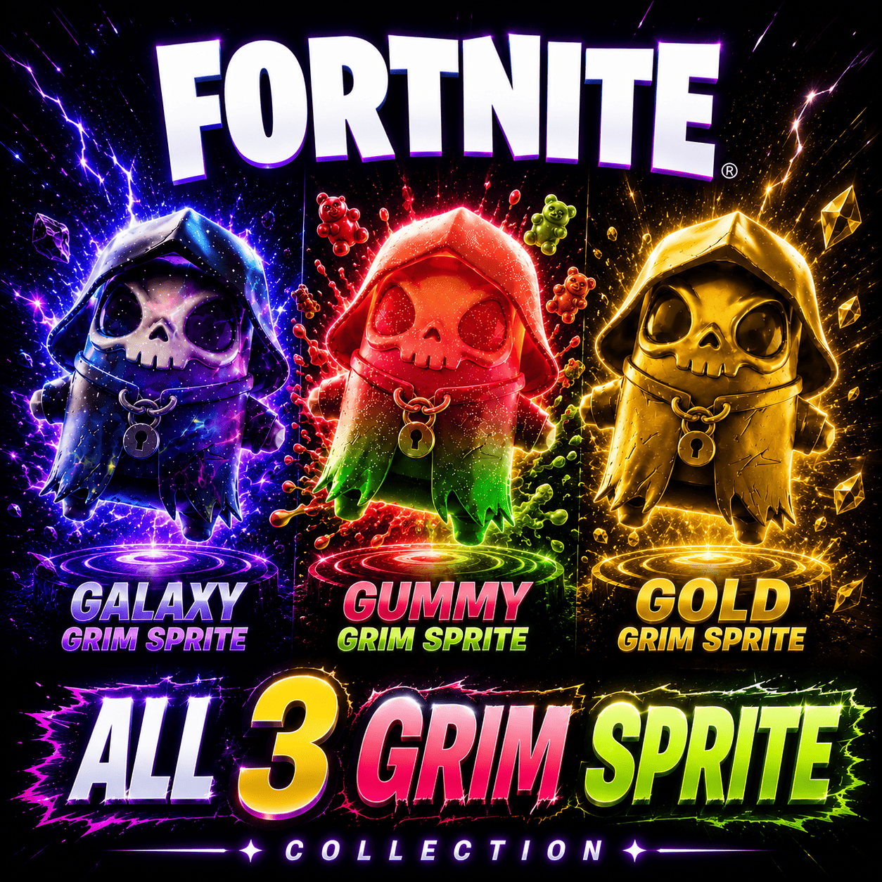 3 Grim Sprite | Gold Grim Sprite + Gummy Grim Sprite + Galaxy Grim Sprite