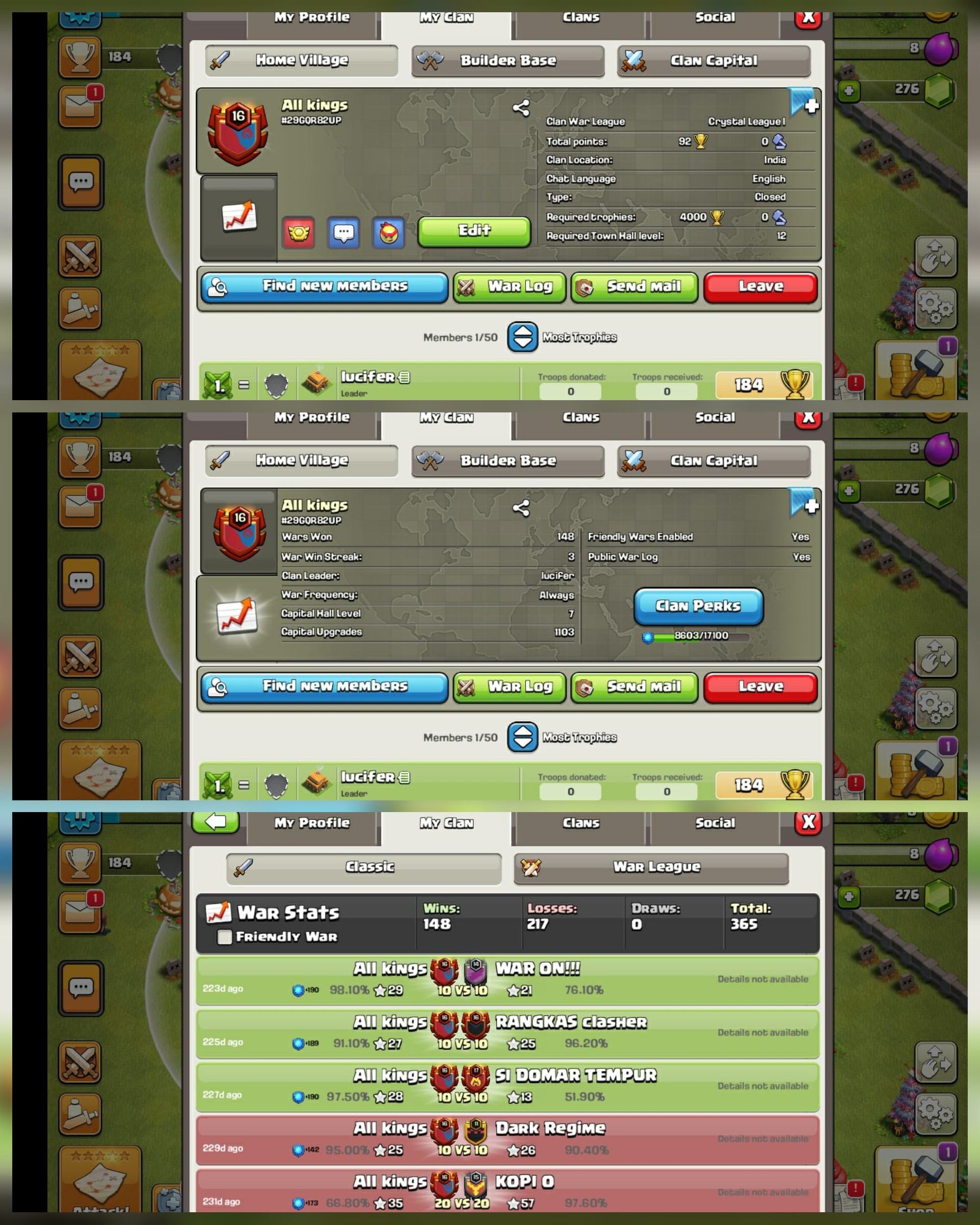 Pure English Name-All kings ] Crystal 1]CC 7]level16]148Win-217Loss ]Fast Delivery] Cheap Clan