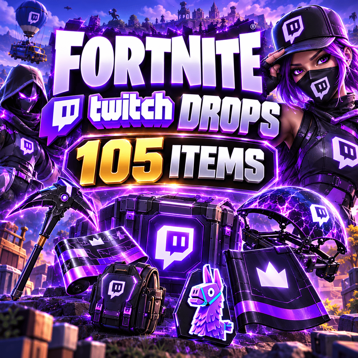 105 Items | Lil' Armored Truck Emote + Vibrant Vibin Emote + Pickaxe + Wrap + Spray | Fortnite Twitch Drops