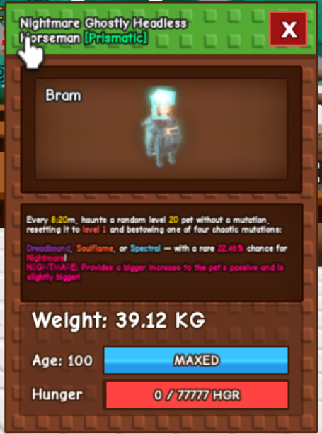 Huge Nightmare Ghostly Headless Horseman 39.12Kg Age 100 22.46% Skill
