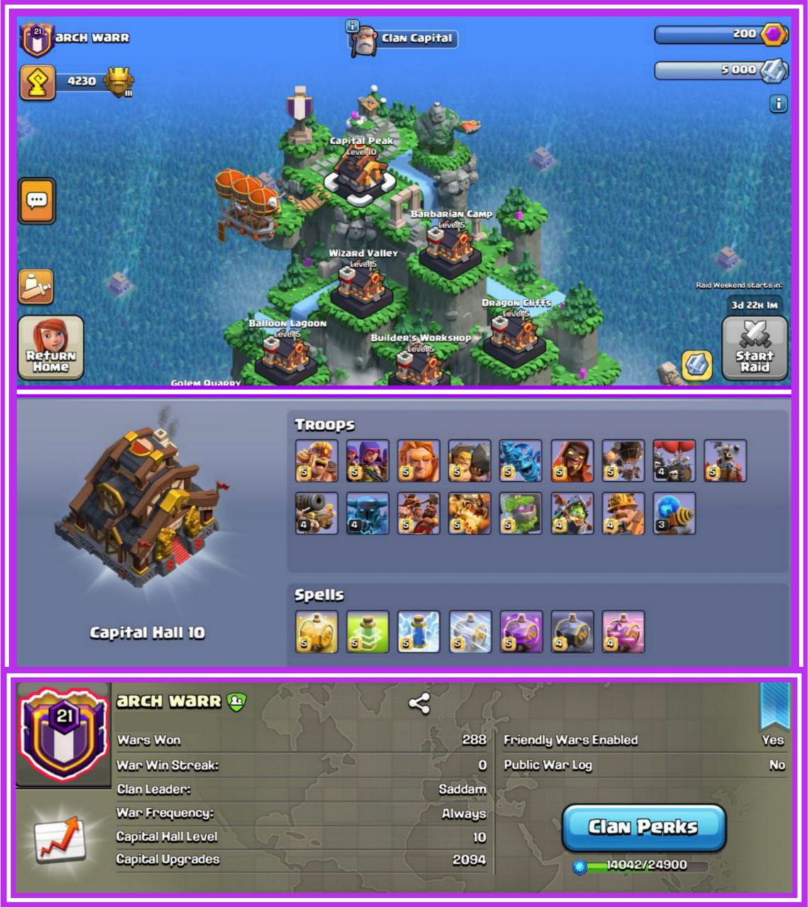 {SUPER PREMIUM🎃}LVL 21.5(ALMOST LVL 25) 👿PURE MAXX CLAN CASTLE 10 MAXX 🎃 ENGLISH NAME - ARCH WAR 😈WIN - 288 ,LOSS- 202 💥SUPER STRONG WARLOG 🔥CWL LEAGUE - CRYSTAL 1 ✨FULLY ACTIVE CLAN 🎃 HARD WORK OF MORE THAN 10 YEARS 🤝 SUPER FAST DELIVERY 🌟
