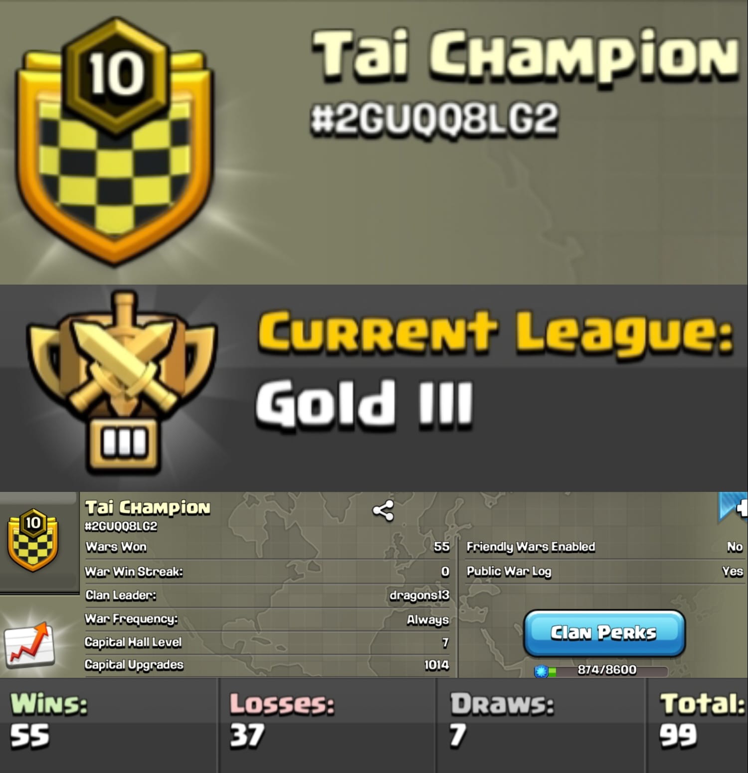 Level 10 clan || clan capital 7 || gold 3 || warlog 55-37 || name - Tai Champion