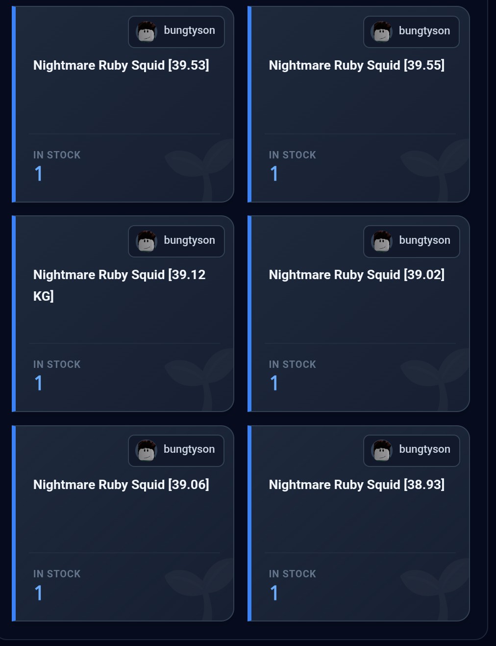 Bundle 6x Nightmare Ruby Squid | 38KG+ | Age 100