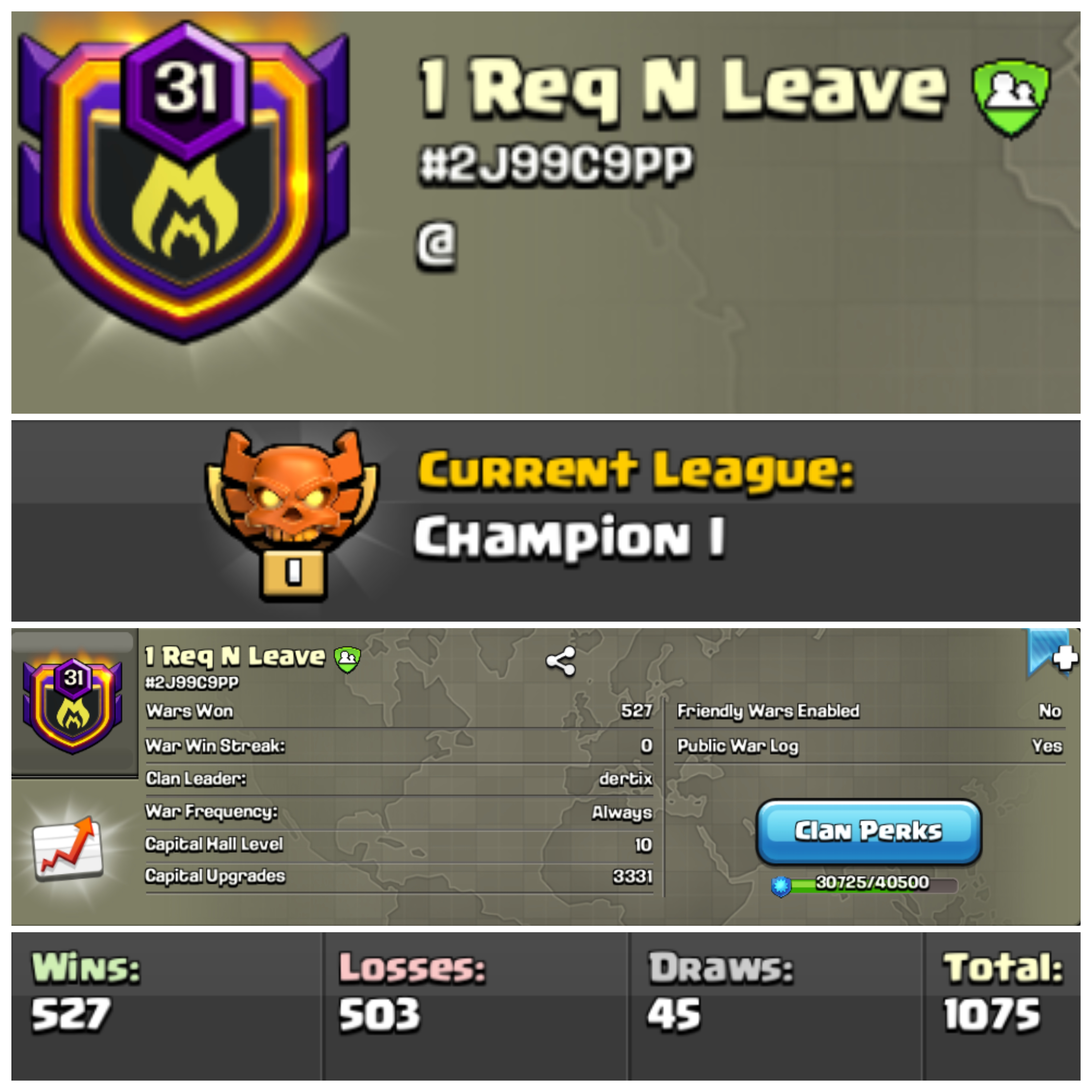 🤯 {WORLD RARE} REQ N LEAVE | CHAMPION 1 LEAUGE | LEVEL 31 {OMG}  - CC 10 MAXED - POSITIVE WAR LOG - NO 1 CLAN IN WORLD - BEST LEAUGE - HIGH AF LEVEL - INSTANT DELIVERY   #423