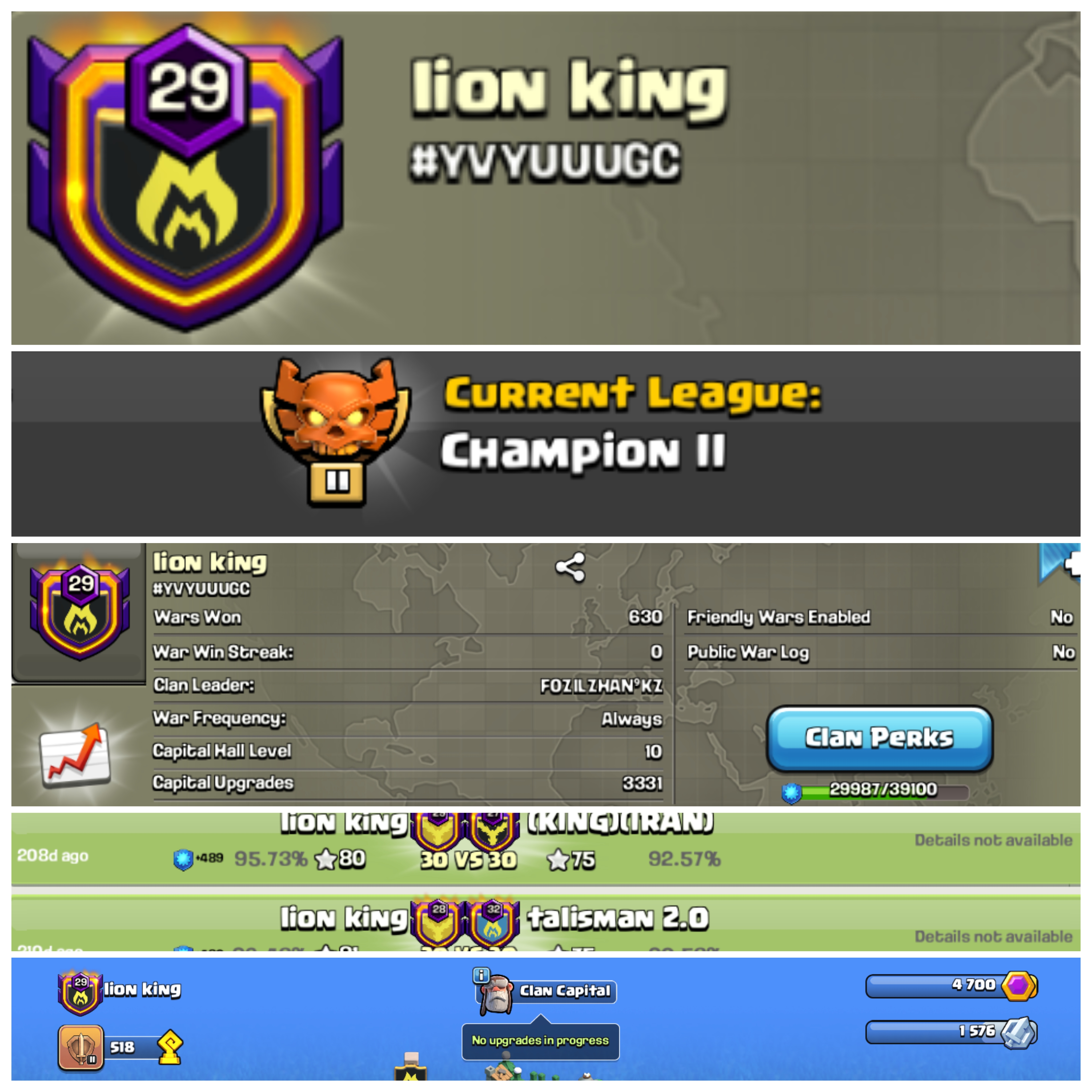 ๐ NAME: lion king ๐ CHAMPION 2 | CC 10 MAX | OP LEVEL 29.7 CLAN | POSITIVE WARLOG W-L-D 630-319-3 | FAST DELIVERY!