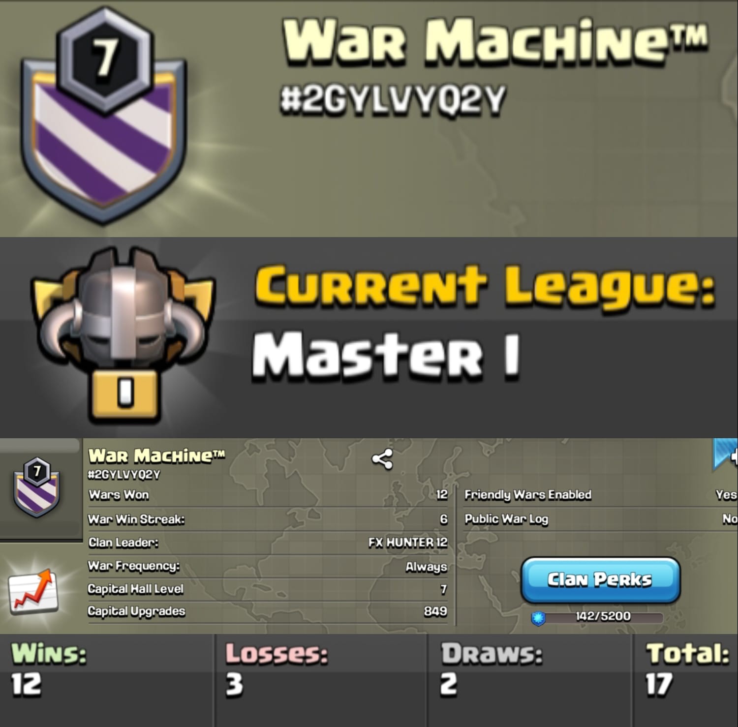 Level 7 clan || master 1 || clan capital 7 || warlog 12-3 || name - War Machine