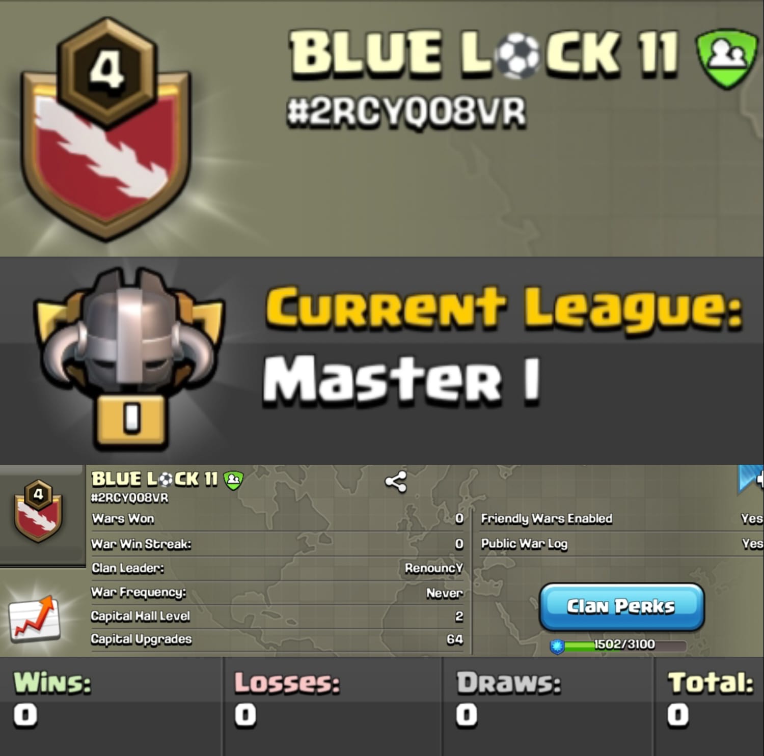 Level 4 clan || master 1 || no war played || name - BLUE LOCK 11