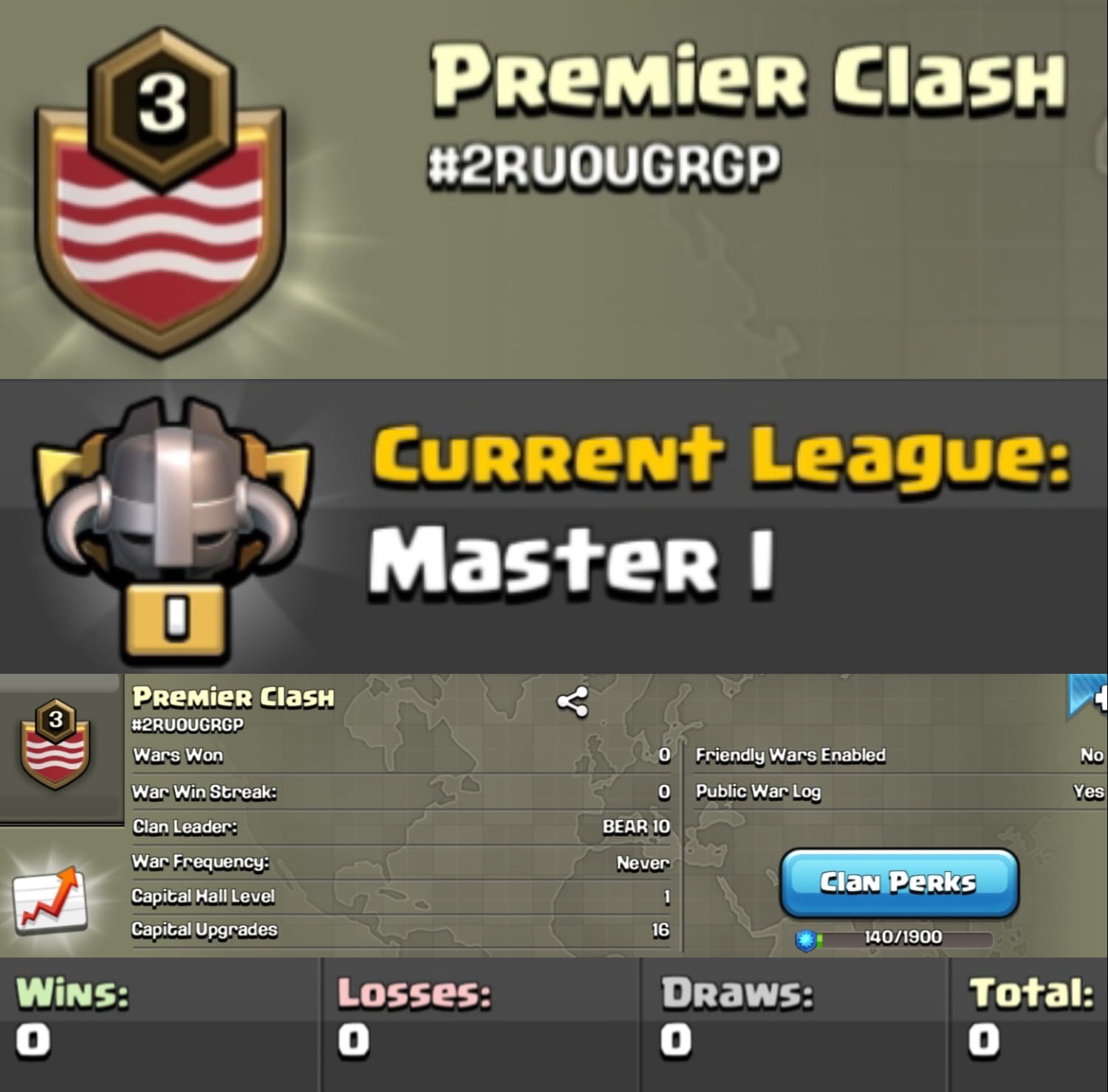 Level 3 clan || master 1 || no war played || name - Premier Clash