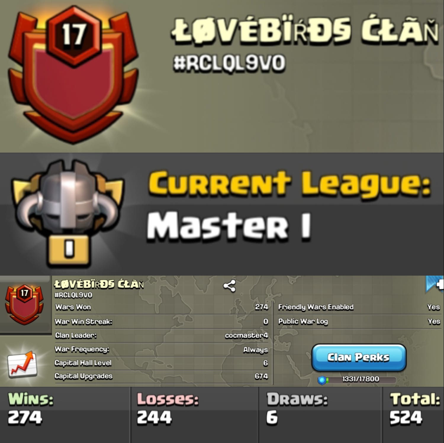 Level 17 clan || clan capital 6 || master 1 || warlog 274-244 || name - LOVEBIRDS CLAN