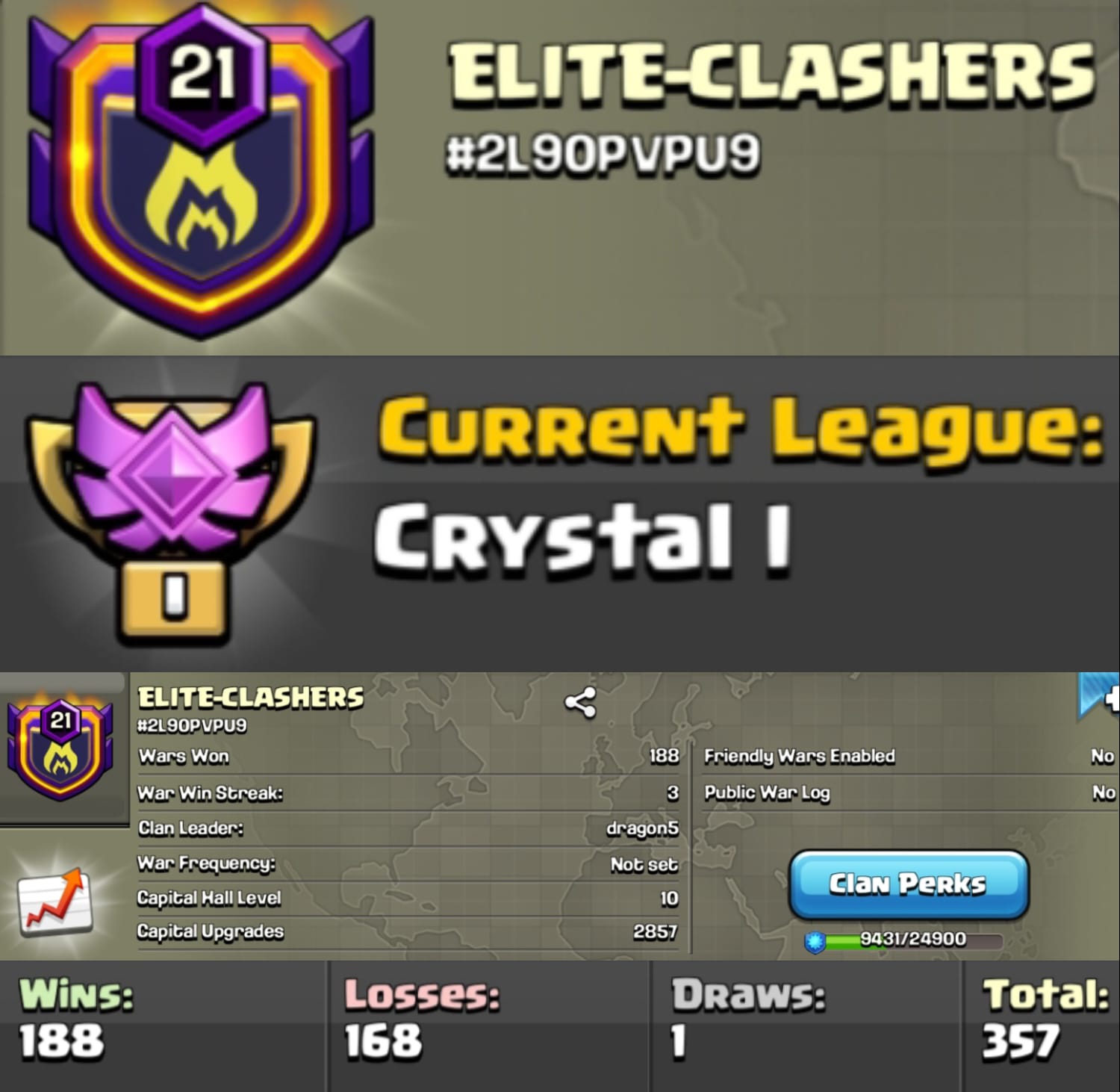 Level 21 clan || clan capital 10 || crystal 1 || warlog 188-168 || name - ELITE-CLASHERS