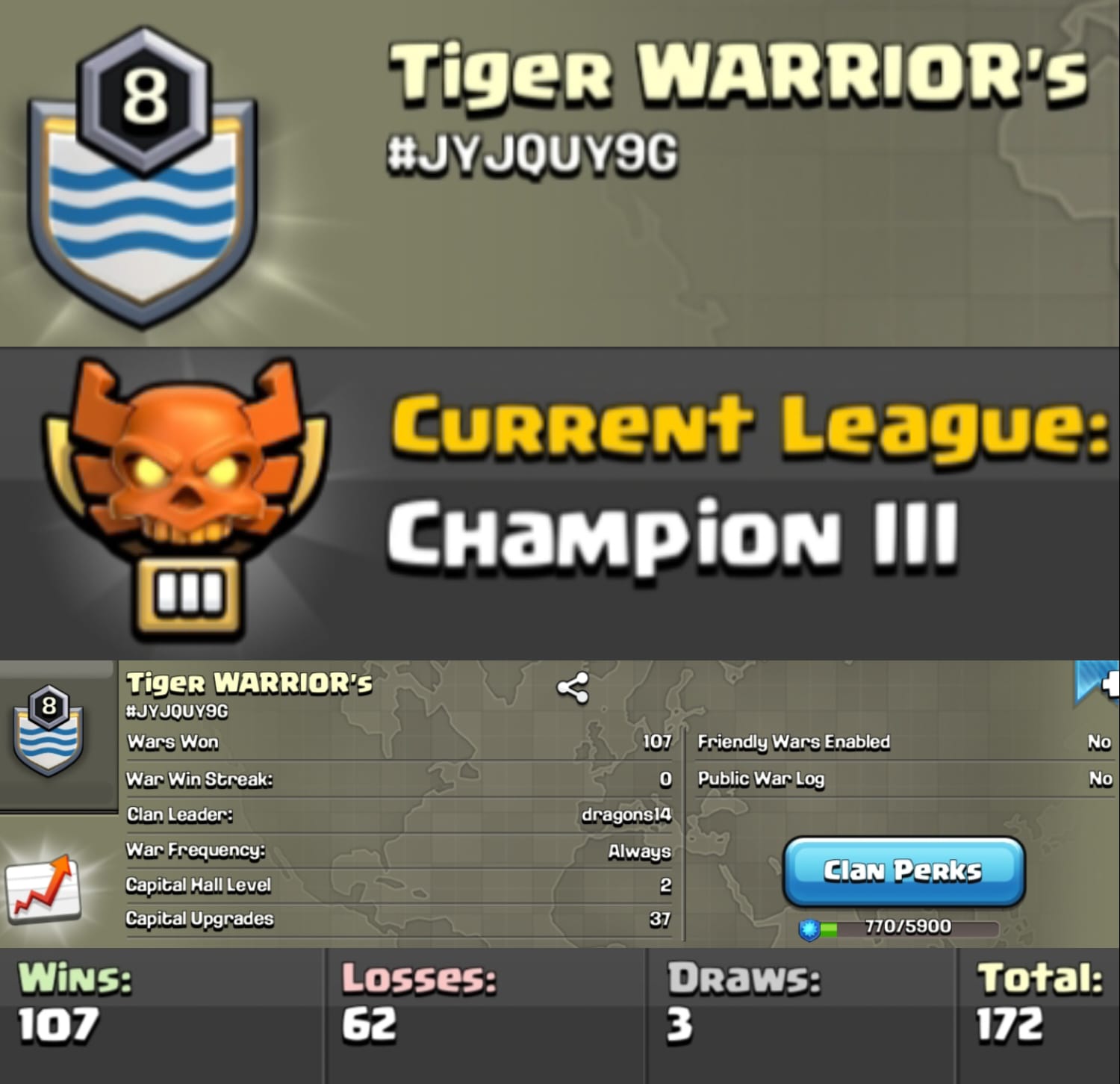 Level 8 clan || champion 3 || warlog 107-62 || name - Tiger WARRIOR's