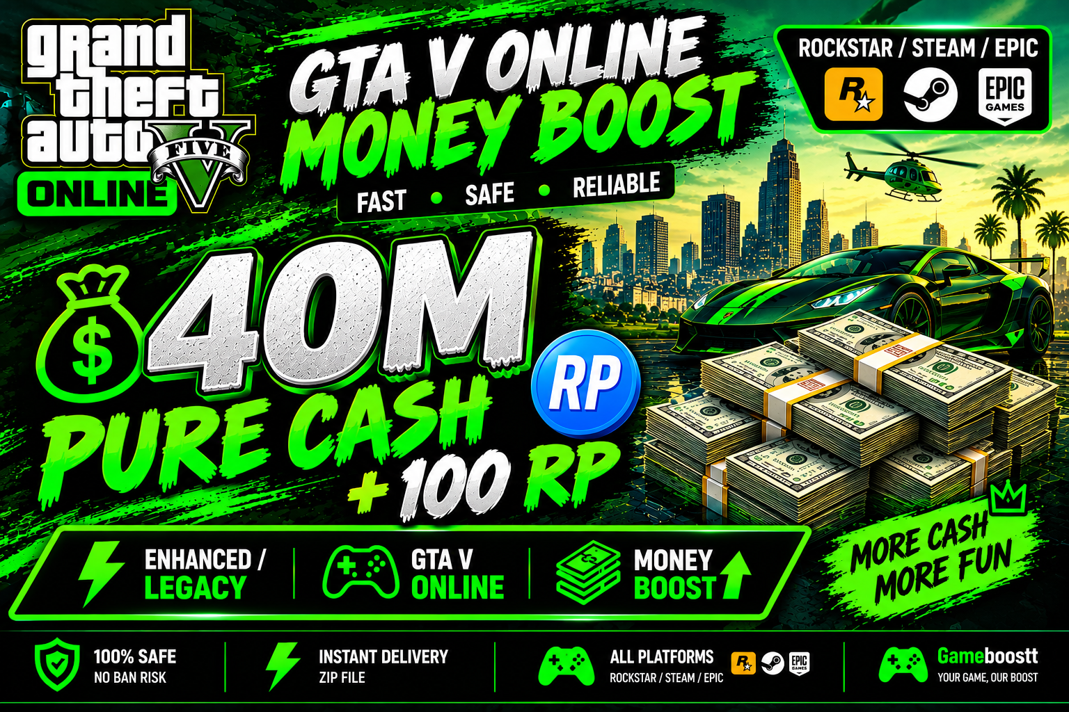 💰40M Pure Cash + 100 RP • Enhanced/Legacy • Rockstar/Steam/Epic • GTA V Online 💸 Money Boost