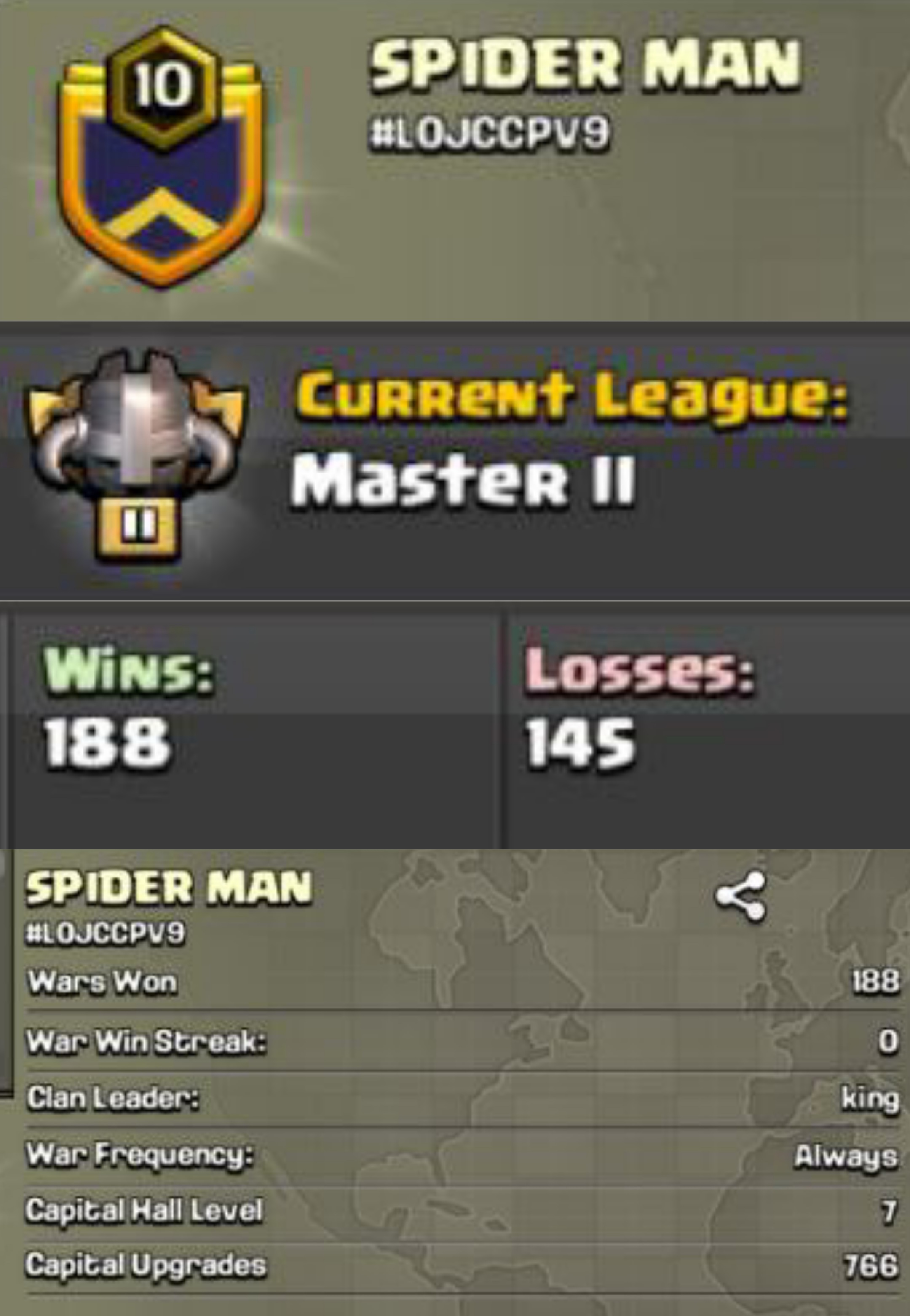 [MASTER 2] **SPIDER MAN** LVL-10 || ENGLISH NAME || CLAN CAPITAL:-7 || POSITIVE WARLOG || GOOD NAME || CHEAPEST
