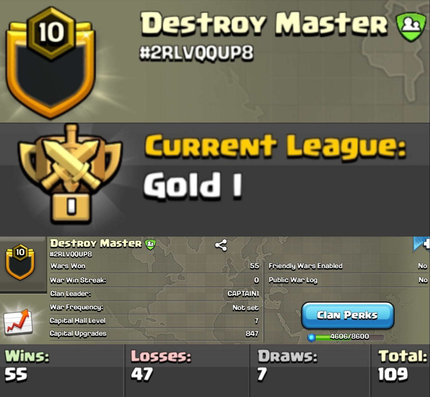 Level 10 clan || clan capital 7 || gold 1 || positive warlog 55-47 || name - Destroy Master