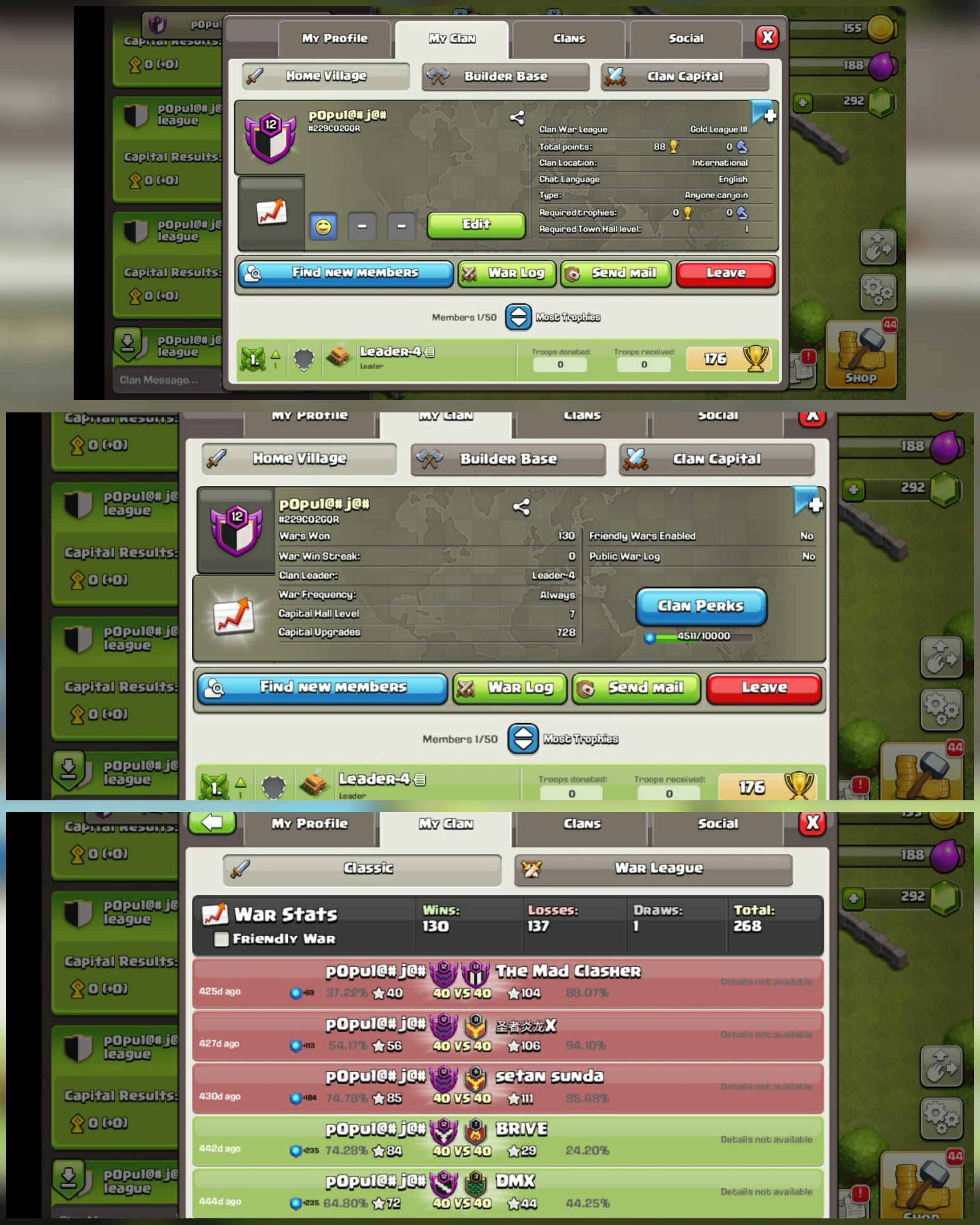 English Name- pOpul@# J@#]Gold 3]CC 7]level12]130Win-137Loss ]Fast Delivery] Cheap Clan
